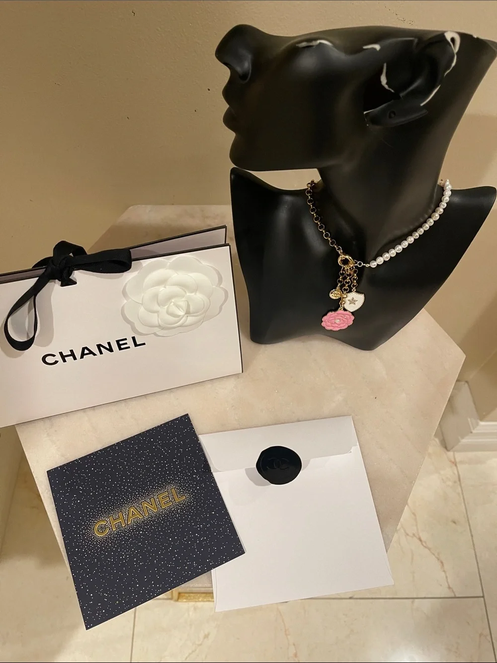 Gold Chain, Pearl Necklace & Chanel Pink Camellia Charm